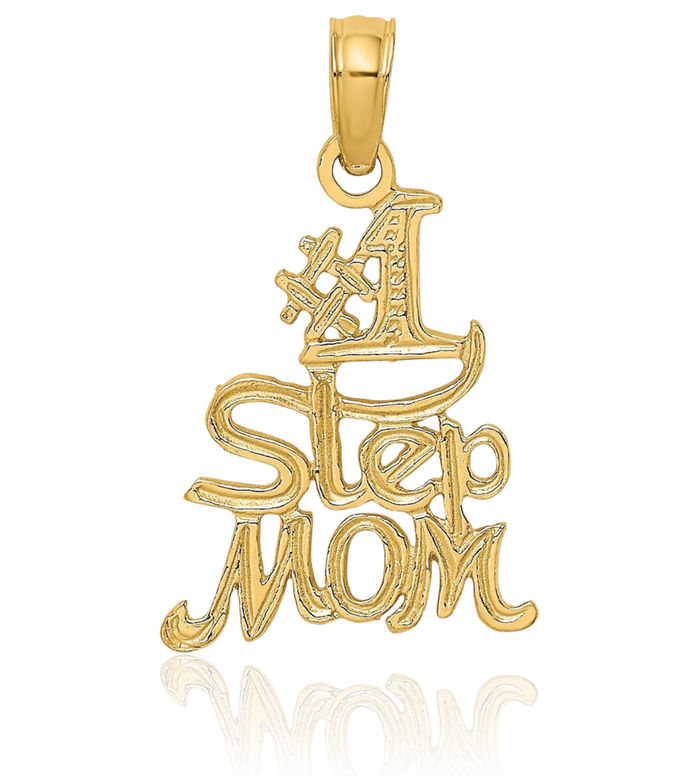 14K Solid Yellow Gold Best Step Mom Necklace Mama Charm Mother Pendant