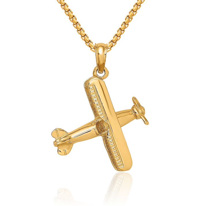 14K Solid Yellow Gold Bi Plane Necklace Chain Pendant Charm