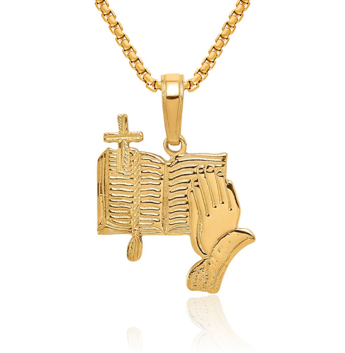 14K Solid Yellow Gold Bible Jesus Christ Praying Hands Lord Serenity Prayer Holy Cross Necklace Religious Chain Pendant Charm