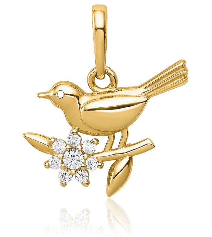 14K Solid Yellow Gold Bird Branch Cubic Zirconia CZ Necklace Chain Pendant Charm