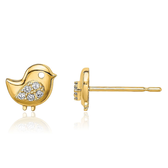 14K Solid Yellow Gold Bird Cubic Zirconia CZ Stud Earrings