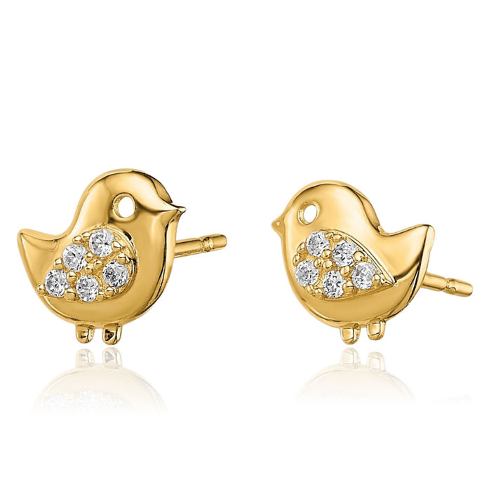 14K Solid Yellow Gold Bird Cubic Zirconia CZ Stud Earrings