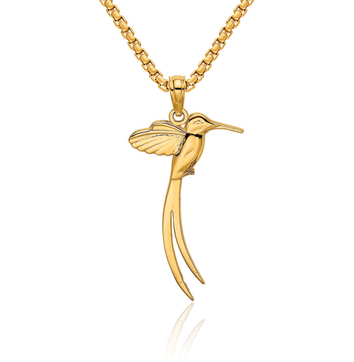 14K Solid Yellow Gold Bird Long Tail Necklace Chain Pendant Charm