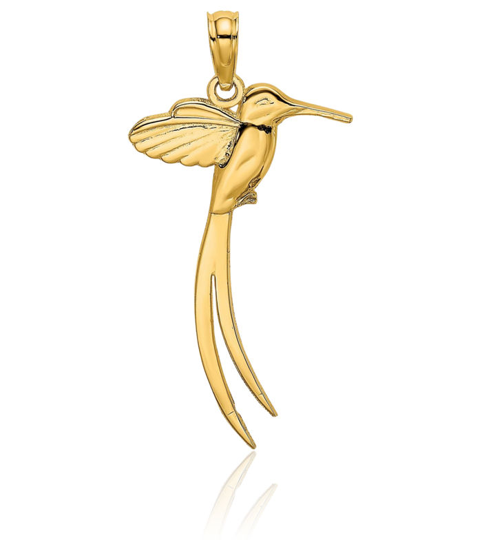 14K Solid Yellow Gold Bird Long Tail Necklace Chain Pendant Charm