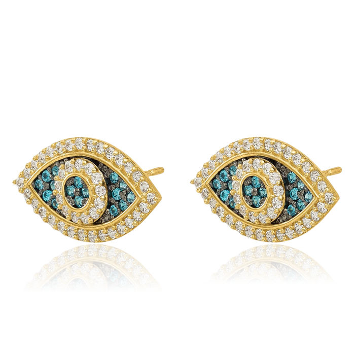 14K Solid Yellow Gold Black Blue White Cubic Zirconia CZ Hamsa Hand of Fatima Evil Eye Protection Good Luck Stud Earrings