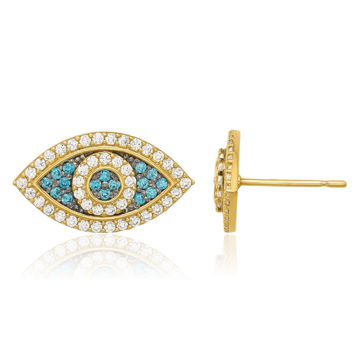 14K Solid Yellow Gold Black Blue White Cubic Zirconia CZ Hamsa Hand of Fatima Evil Eye Protection Good Luck Stud Earrings