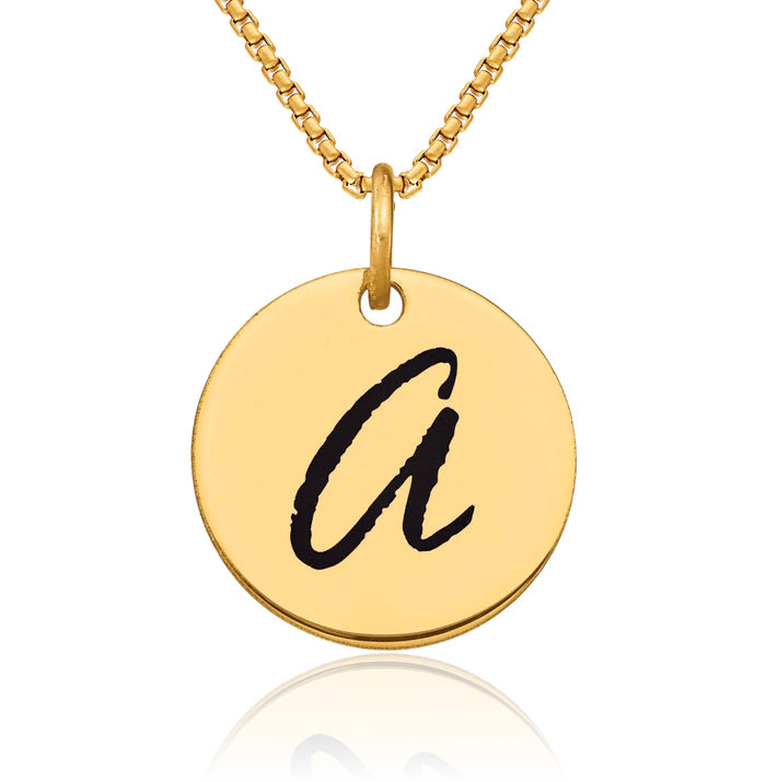 14K Solid Yellow Gold Black Dainty Letter A Initial Name Monogram Disk Necklace Chain Pendant Charm