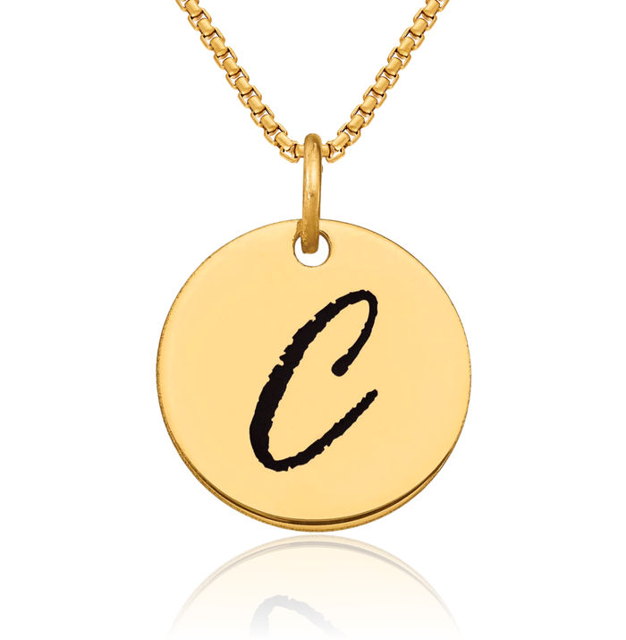 14K Solid Yellow Gold Black Dainty Letter C Initial Name Monogram Disk Necklace Chain Pendant Charm