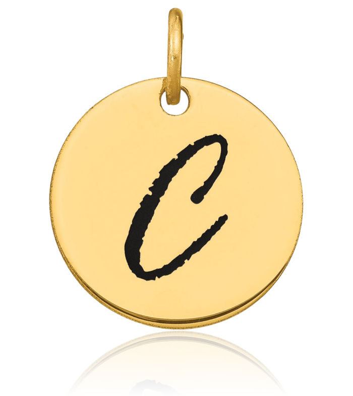 14K Solid Yellow Gold Black Dainty Letter C Initial Name Monogram Disk Necklace Chain Pendant Charm