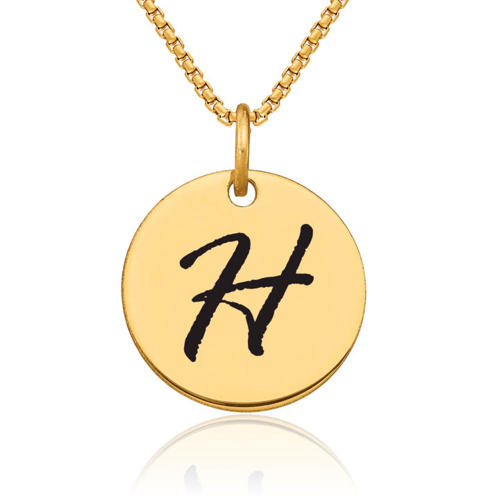 14K Solid Yellow Gold Black Dainty Letter H Initial Name Monogram Disk Necklace Chain Pendant Charm