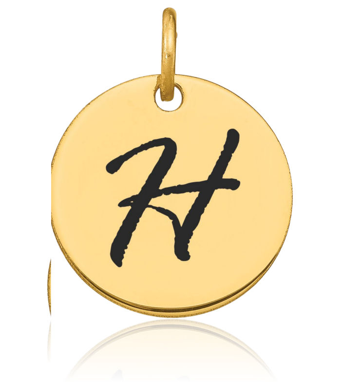 14K Solid Yellow Gold Black Dainty Letter H Initial Name Monogram Disk Necklace Chain Pendant Charm