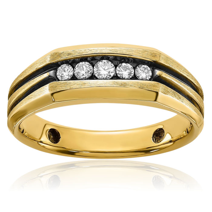 14K Solid Yellow Gold Black Mens Diamond 5 Stone Wedding Band Statement Ring