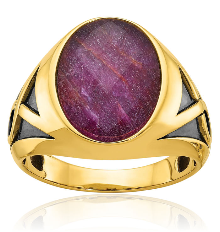 14K Solid Yellow Gold Black Mens Red Ruby Stone Statement Ring