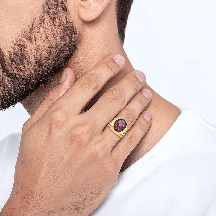14K Solid Yellow Gold Black Mens Red Ruby Stone Statement Ring