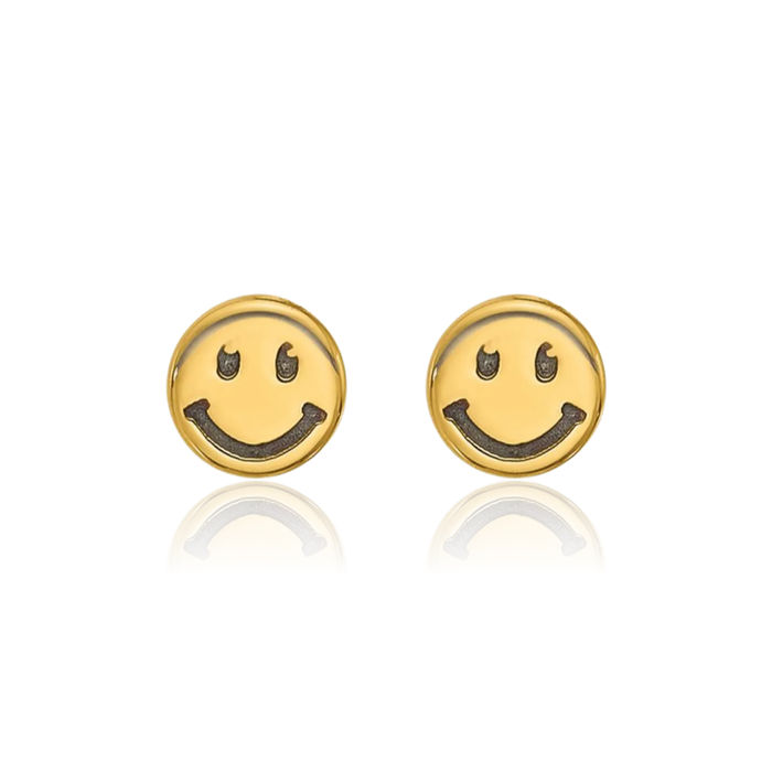 14K Solid Yellow Gold Black Smiley Face Stud Earrings