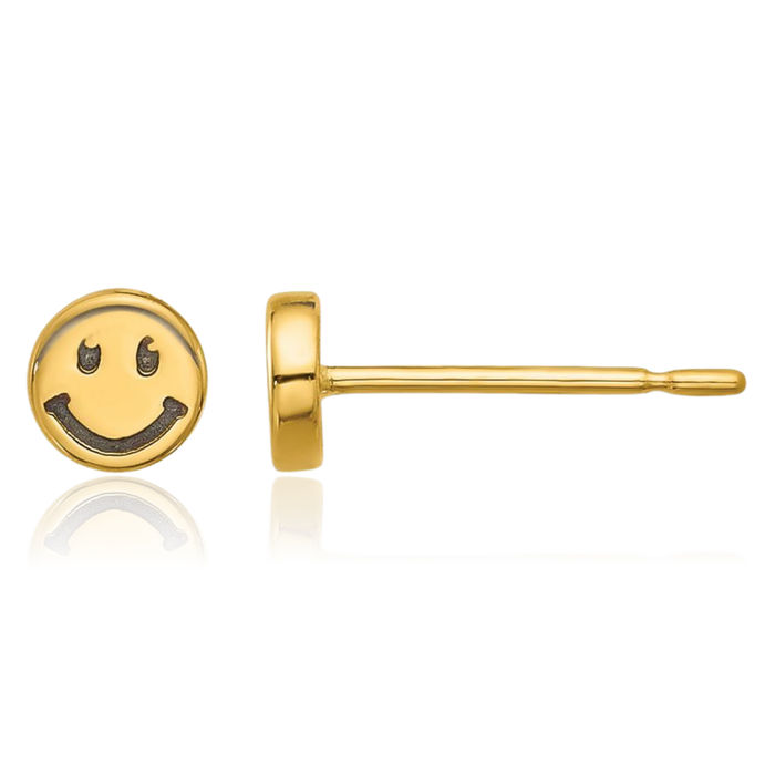 14K Solid Yellow Gold Black Smiley Face Stud Earrings