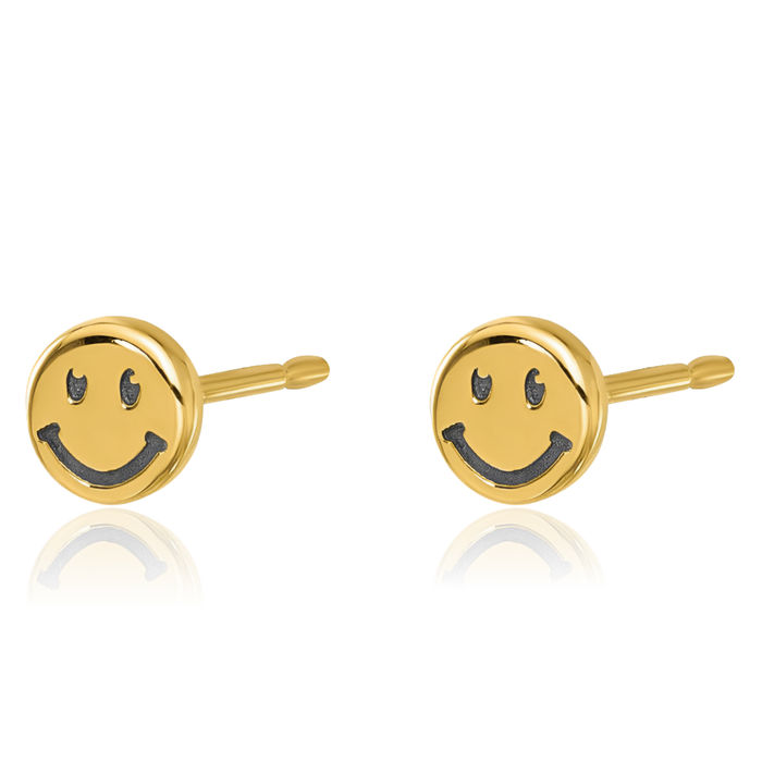 14K Solid Yellow Gold Black Smiley Face Stud Earrings