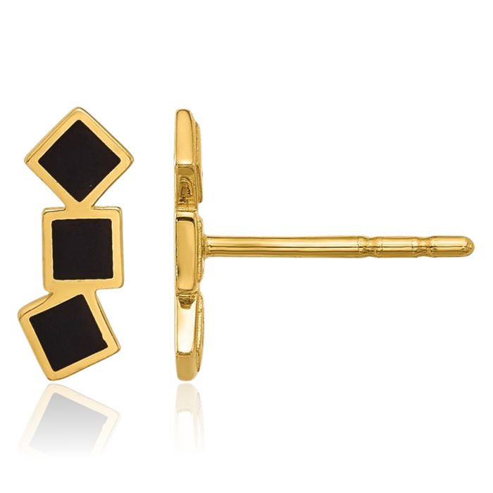 14K Solid Yellow Gold Black Square Stud Earrings