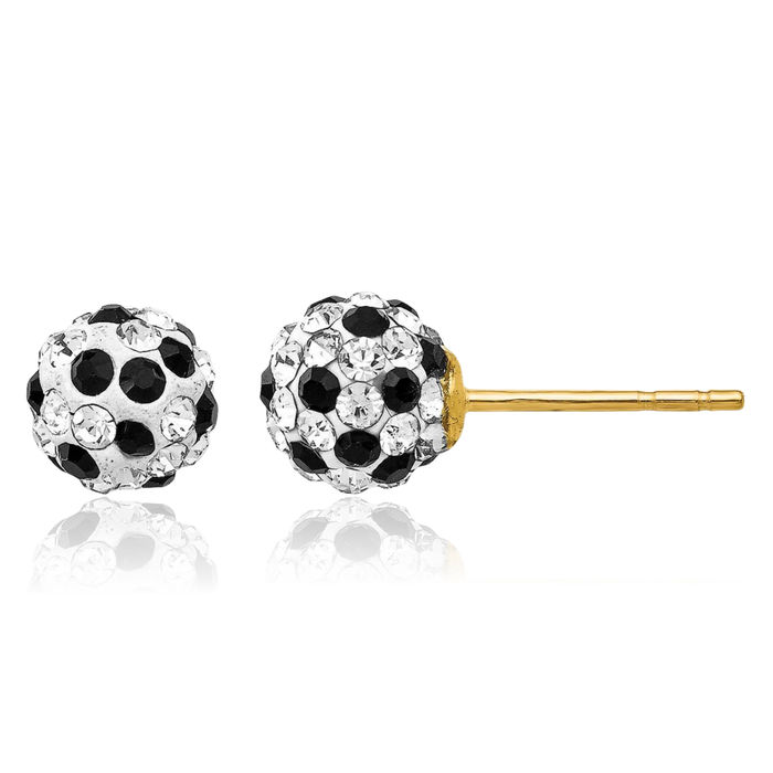 14K Solid Yellow Gold Black White Rhinestone Crystals 6mm Stud Earrings