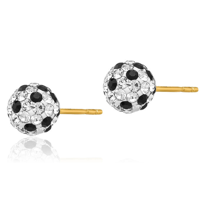 14K Solid Yellow Gold Black White Rhinestone Crystals 6mm Stud Earrings