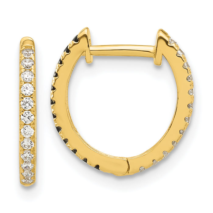 14K Solid Yellow Gold Black White Cubic Zirconia CZ Reversible Huggie Round Small Hoop Earrings