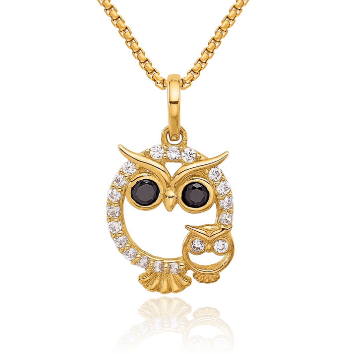 14K Solid Yellow Gold Black White Cubic Zirconia CZ Mommy Owl Symbol of Wisdom Bird Necklace Mama Charm Mother Pendant