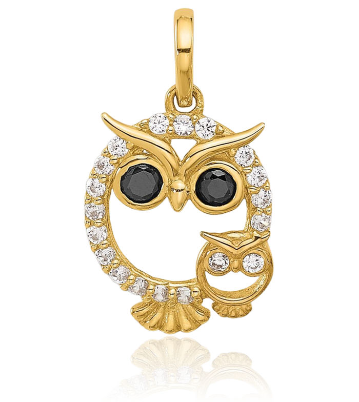 14K Solid Yellow Gold Black White Cubic Zirconia CZ Mommy Owl Symbol of Wisdom Bird Necklace Mama Charm Mother Pendant