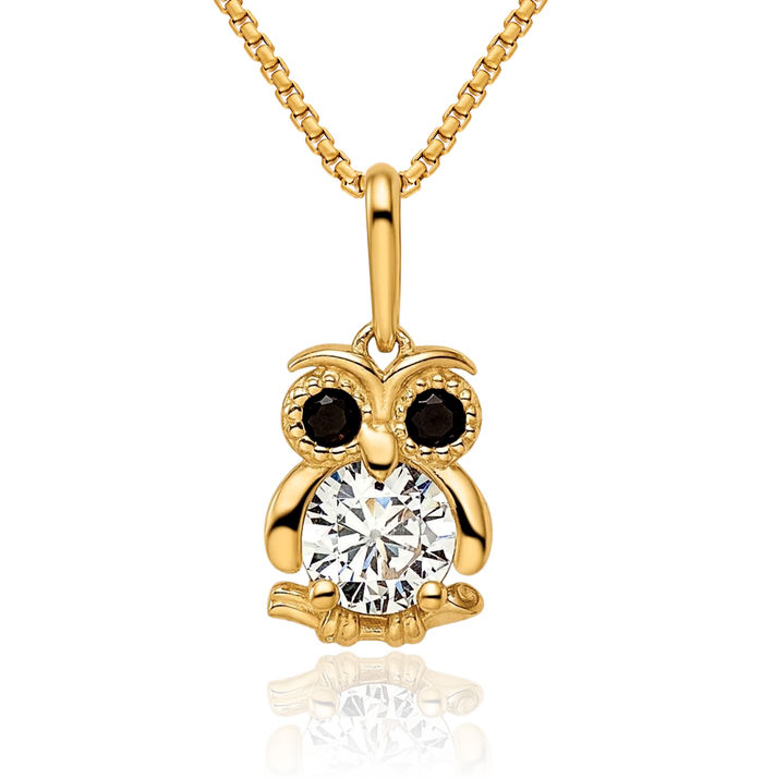 14K Solid Yellow Gold Black White Cubic Zirconia CZ Owl Symbol of Wisdom Bird Necklace Chain Pendant Charm