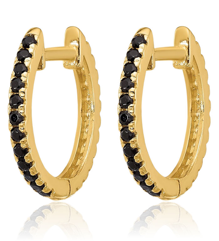 14K Solid Yellow Gold Black White Cubic Zirconia CZ Reversible Huggie Round Small Hoop Earrings