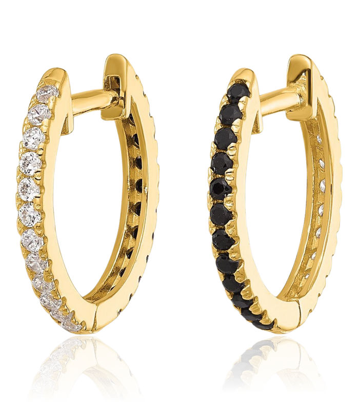 14K Solid Yellow Gold Black White Cubic Zirconia CZ Reversible Huggie Round Small Hoop Earrings