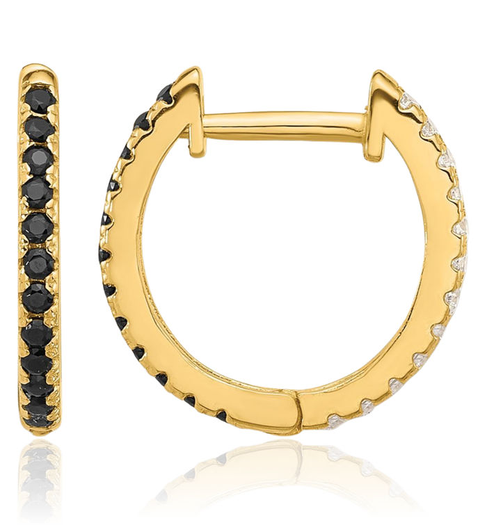 14K Solid Yellow Gold Black White Cubic Zirconia CZ Reversible Huggie Round Small Hoop Earrings