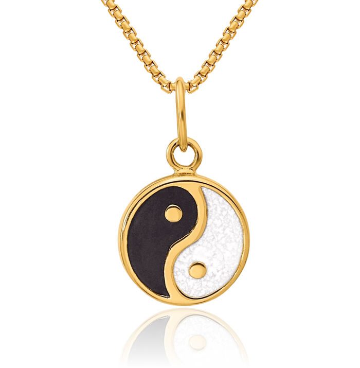14K Solid Yellow Gold Black White Yin Yang Necklace Chain Pendant Charm