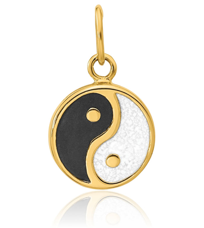 14K Solid Yellow Gold Black White Yin Yang Necklace Chain Pendant Charm