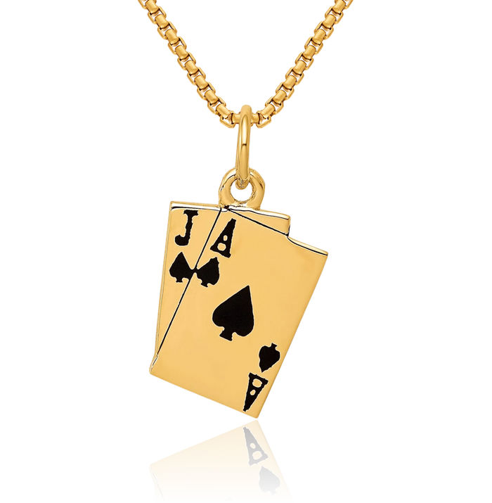 14K Solid Yellow Gold Blackjack Poker Necklace Playing Cards Suit Pendant Gambling Deck Charm Good Luck Jewelry