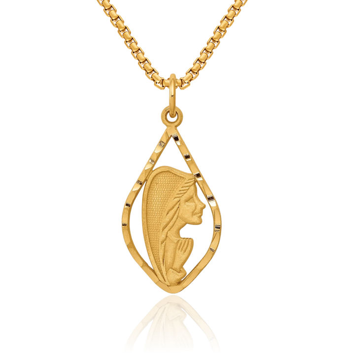14K Solid Yellow Gold Blessed Mother Mary Medal Necklace Chain Pendant Charm