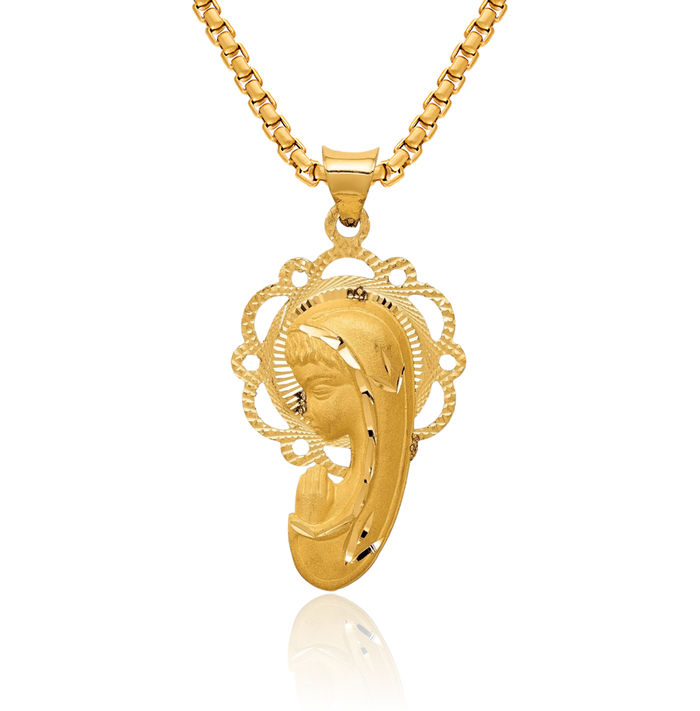 14K Solid Yellow Gold Blessed Mother Mary Medal Necklace Chain Pendant Charm