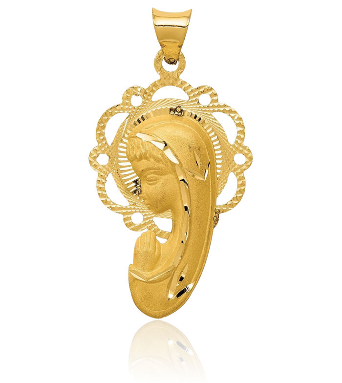 14K Solid Yellow Gold Blessed Mother Mary Medal Necklace Chain Pendant Charm