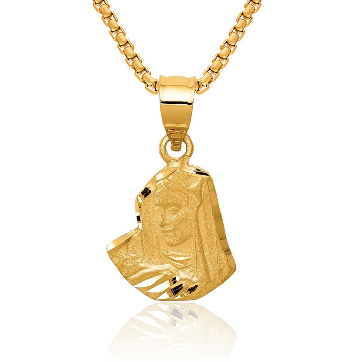 14K Solid Yellow Gold Blessed Mother Mary Medal Necklace Chain Pendant Charm