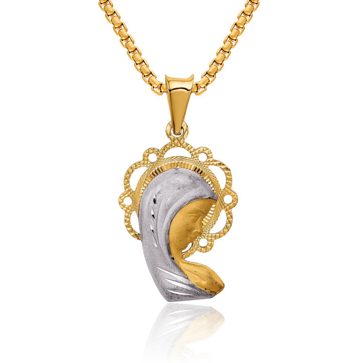 14K Solid Yellow Gold Blessed Mother Mary Medal Necklace Chain Pendant Charm
