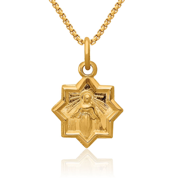 14K Solid Yellow Gold Blessed Mother Mary Medal Necklace Chain Pendant Charm