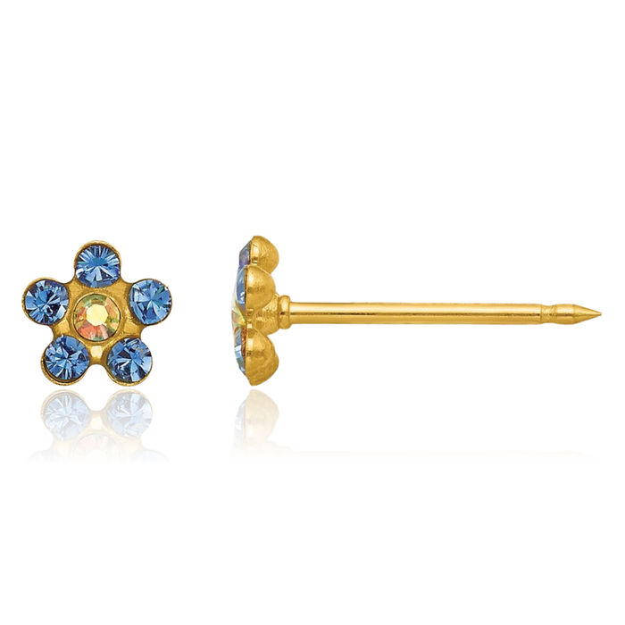 14K Solid Yellow Gold Blue Aurora Borealis Rhinestone Crystals Flower Stud Earrings Ear Piercing Studs