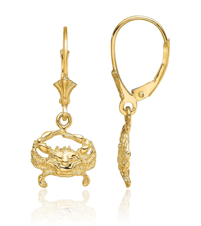 14K Solid Yellow Gold Blue Crab Claw Drop Dangle Earrings