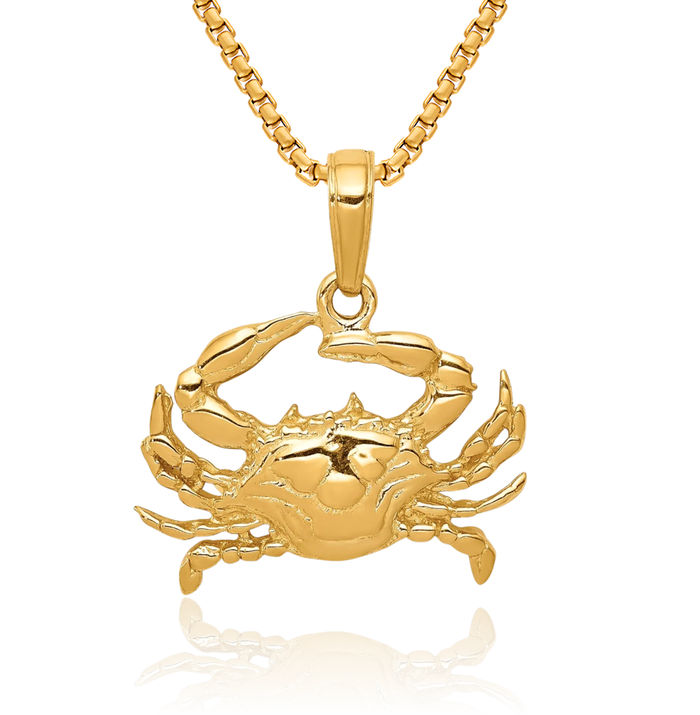 14K Solid Yellow Gold Blue Crab Claw Necklace Chain Pendant Charm