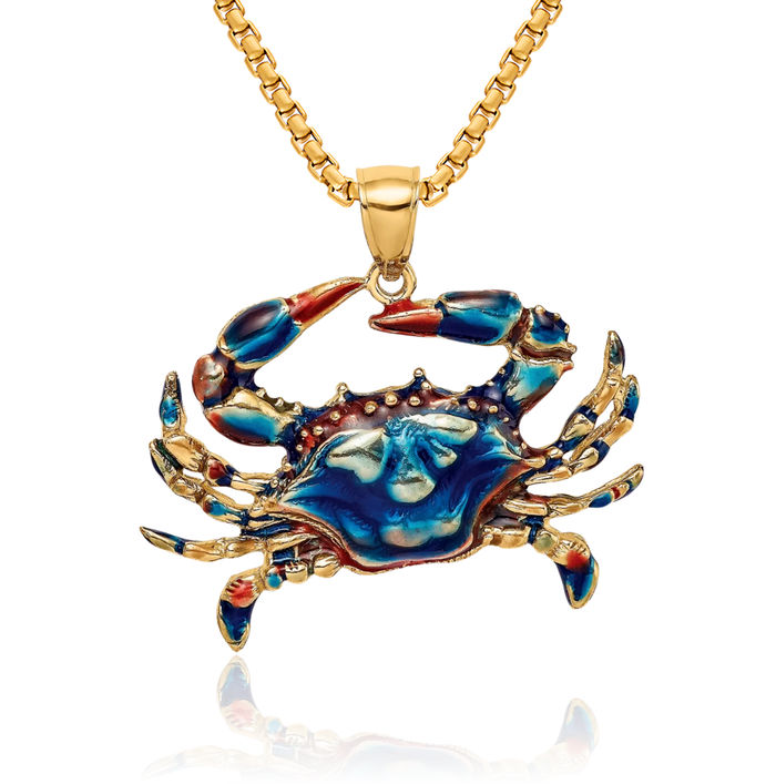 14K Solid Yellow Gold Blue Crab Claw Necklace Chain Pendant Charm