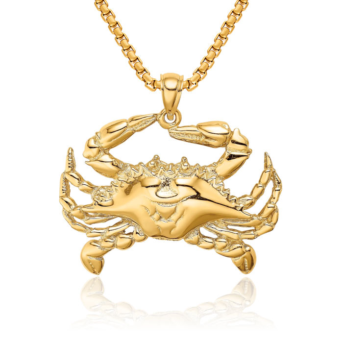 14K Solid Yellow Gold Blue Crab Claw Necklace Chain Pendant Charm