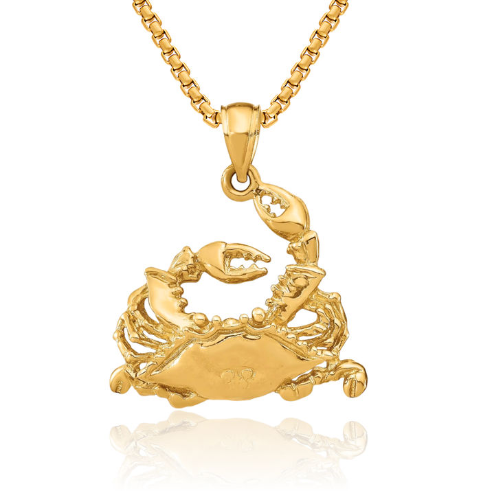 14K Solid Yellow Gold Blue Crab Claw Necklace Chain Pendant Charm