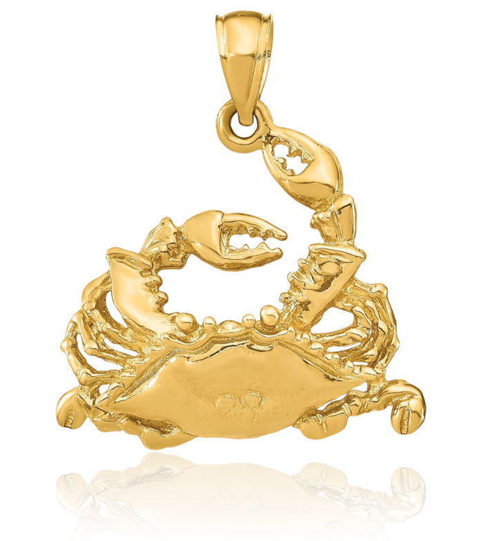 14K Solid Yellow Gold Blue Crab Claw Necklace Chain Pendant Charm