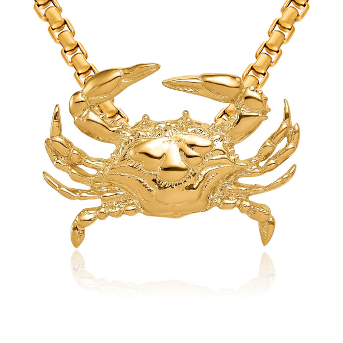 14K Solid Yellow Gold Blue Crab Claw Slide Necklace Chain Pendant Charm