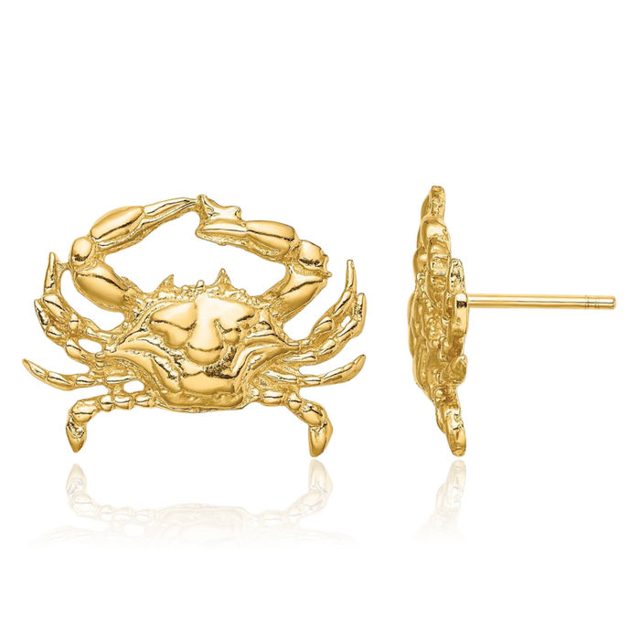 14K Solid Yellow Gold Blue Crab Claw Stud Earrings