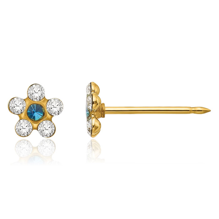 14K Solid Yellow Gold Blue Rhinestone Crystals Flower Stud Earrings Ear Piercing Studs